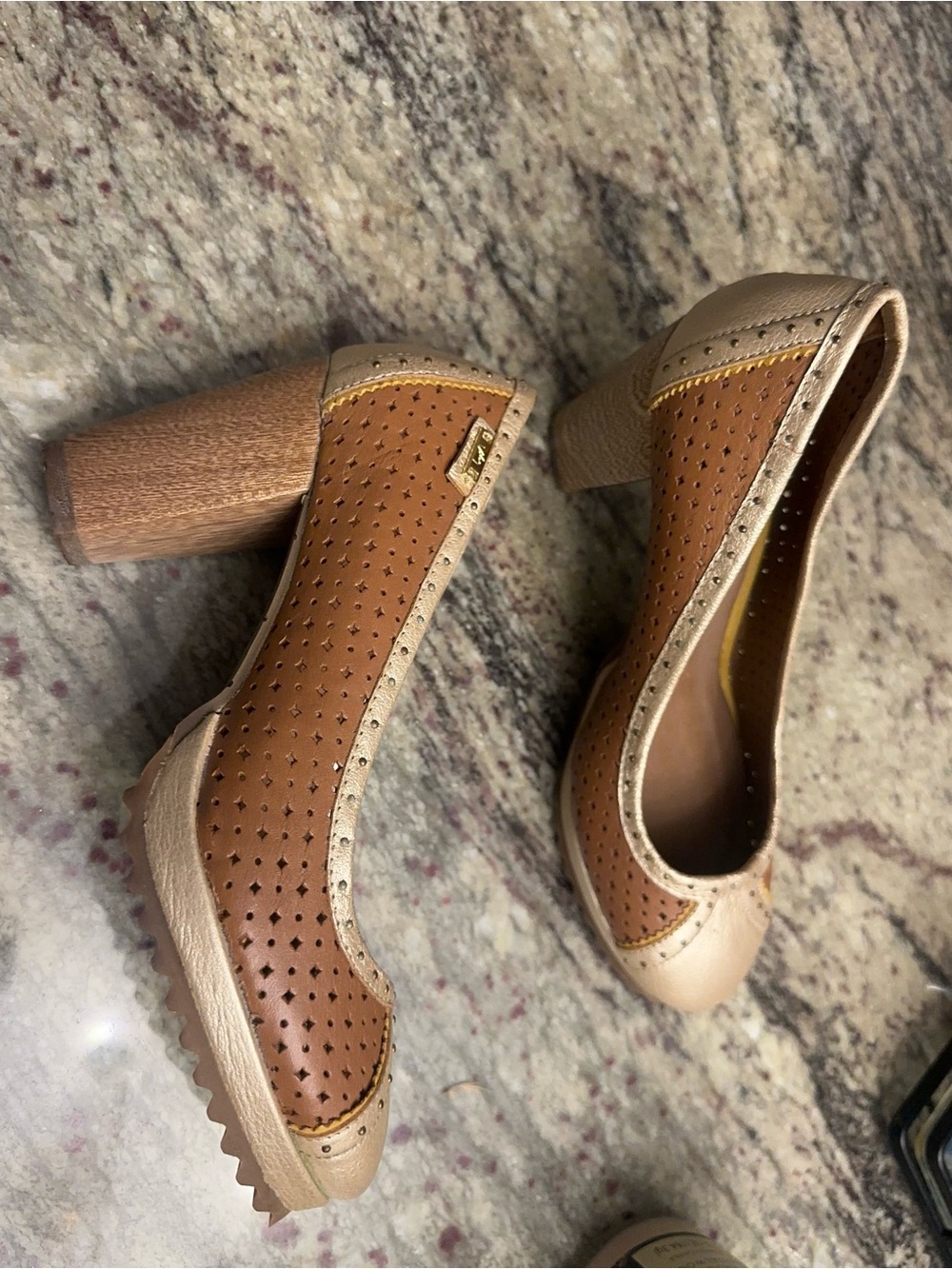 Women's Two-Tone Tan Perforated Block Heel Pumps